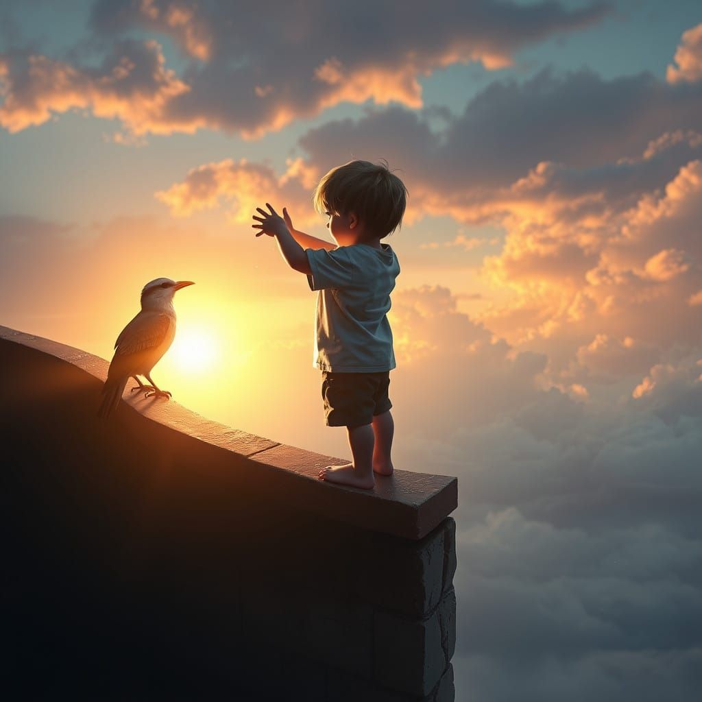 A child's desperate grasp at a bird on a balcony railing, as...