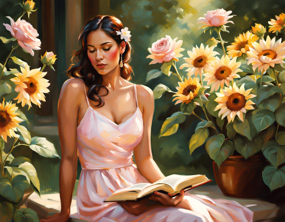 Serene Latina Woman Reads in a Vibrant Garden Oasis