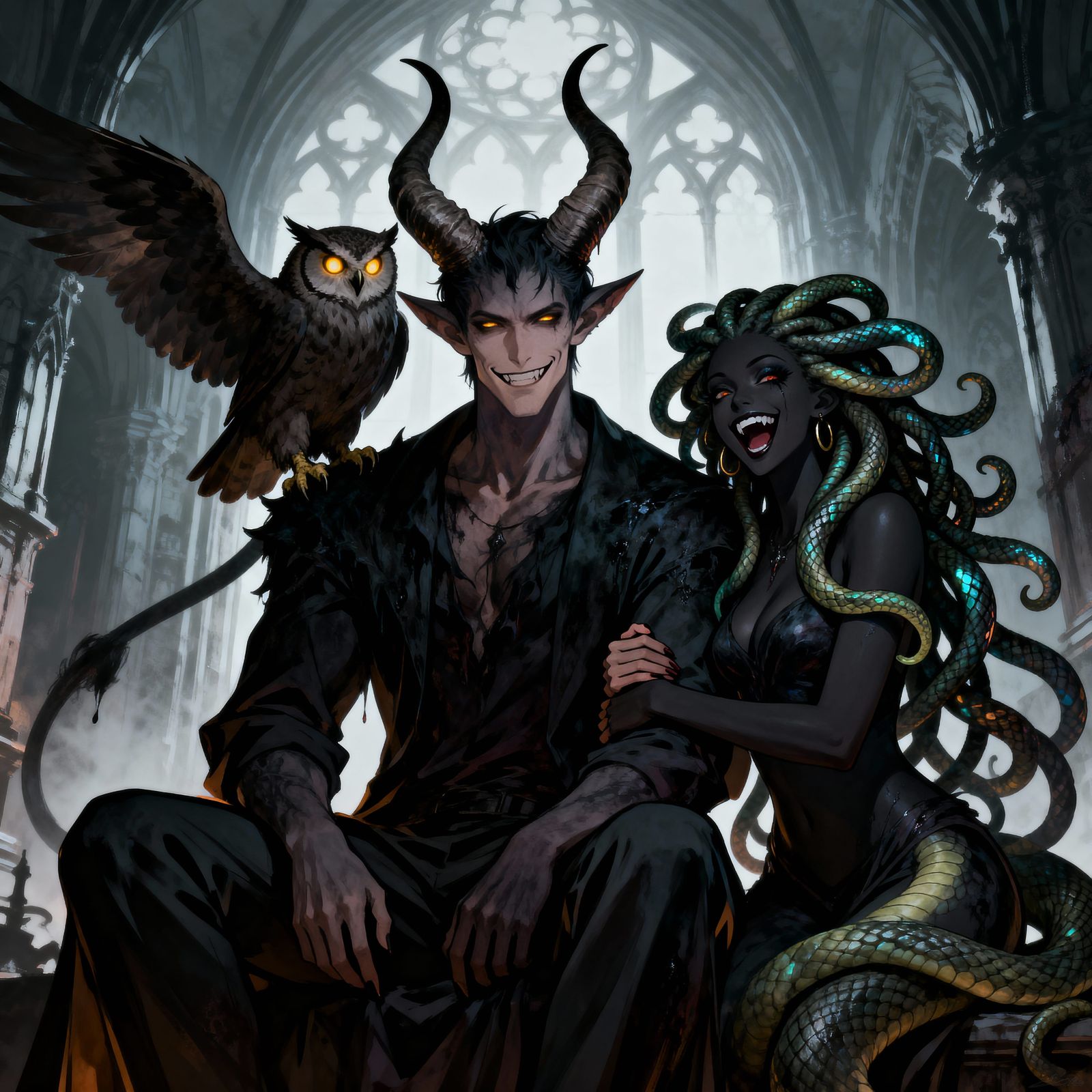 Anime Baphomet with Medusa and Owl