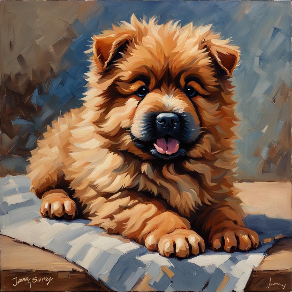 Adorable Brown Chow Chow Puppy: Oil Painting Style