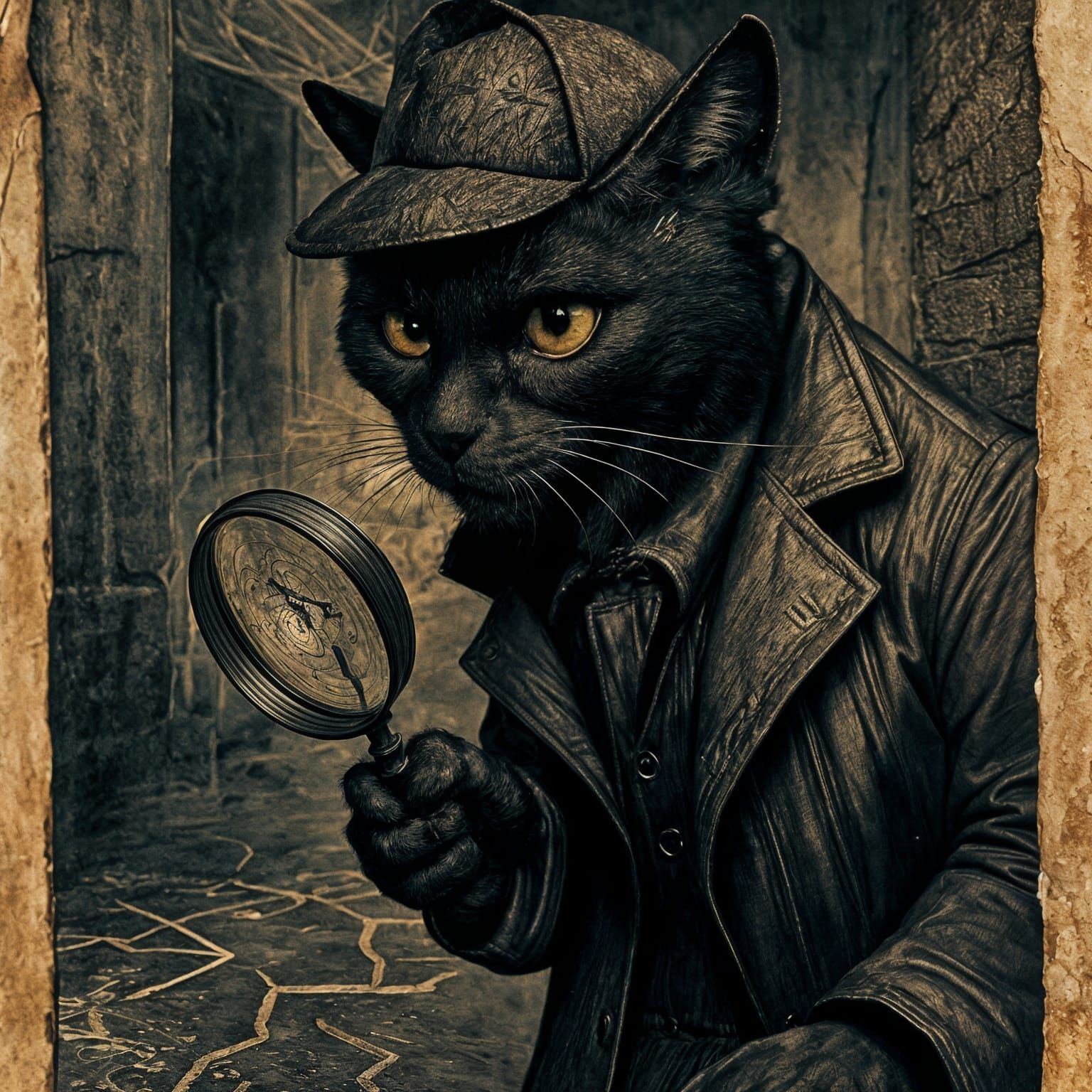 Noir Cat Detective Investigates Crime Scene