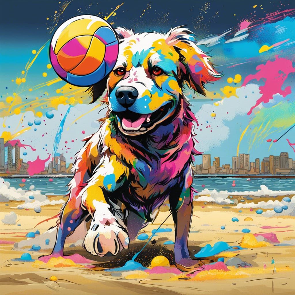Dog Playing Volleyball on Beach in Anime Style
