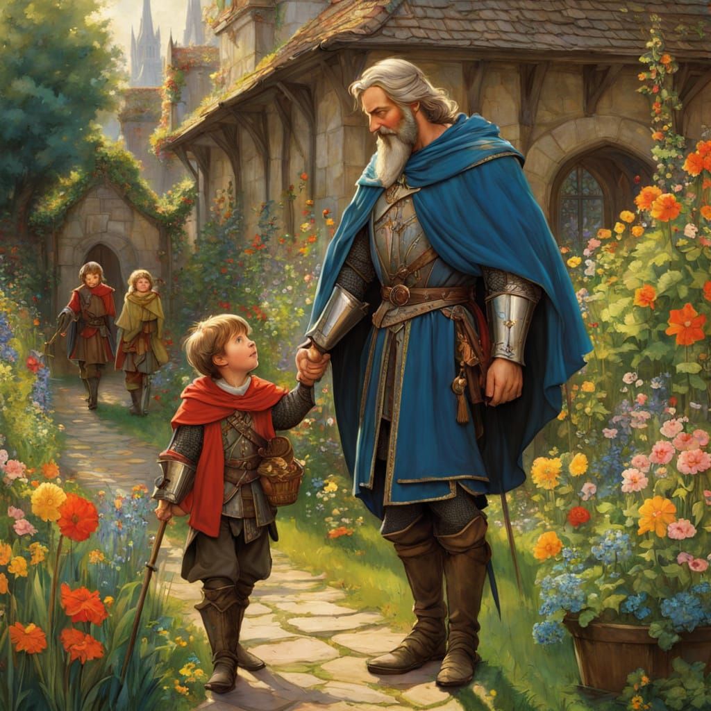 Medieval Father and Son in Anime Fairytale Garden