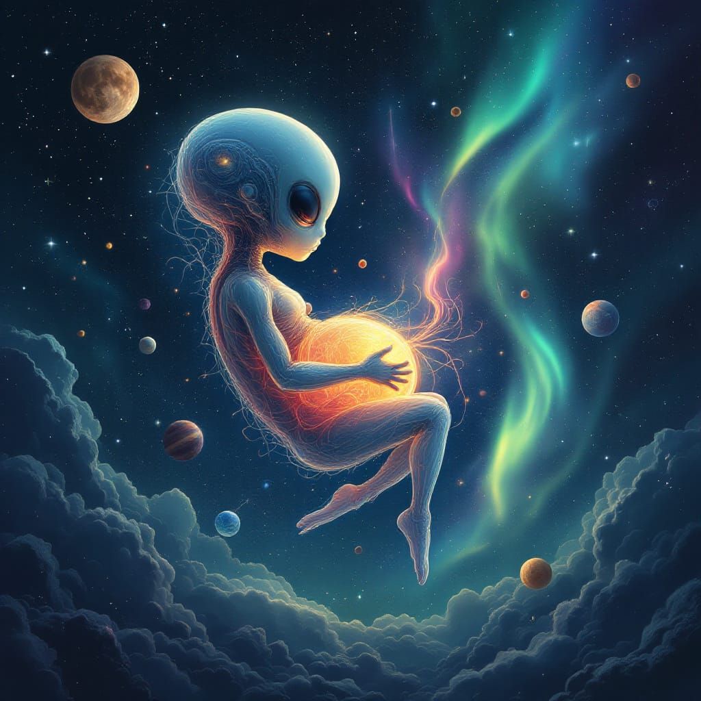 Alien Fetus in Space with Planets and Aurora