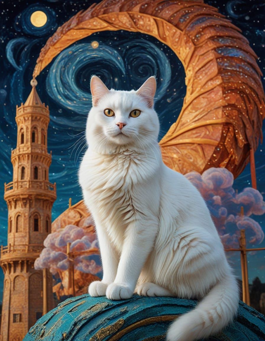 Celestial Cat on Spiraling Tower in Surreal Style