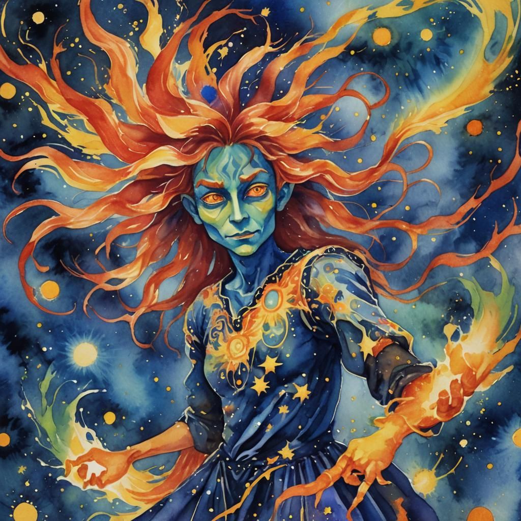 Solar Goblin Dances in Fauvist Watercolor Cosmos