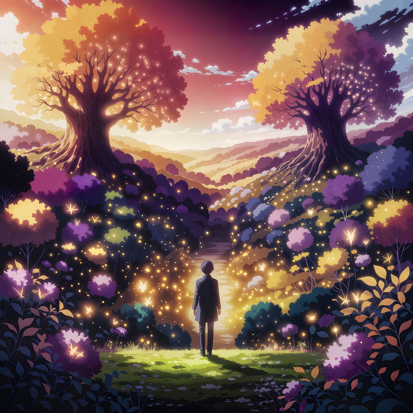 Anime Garden Transformed into Vast Forest with Golden Trees