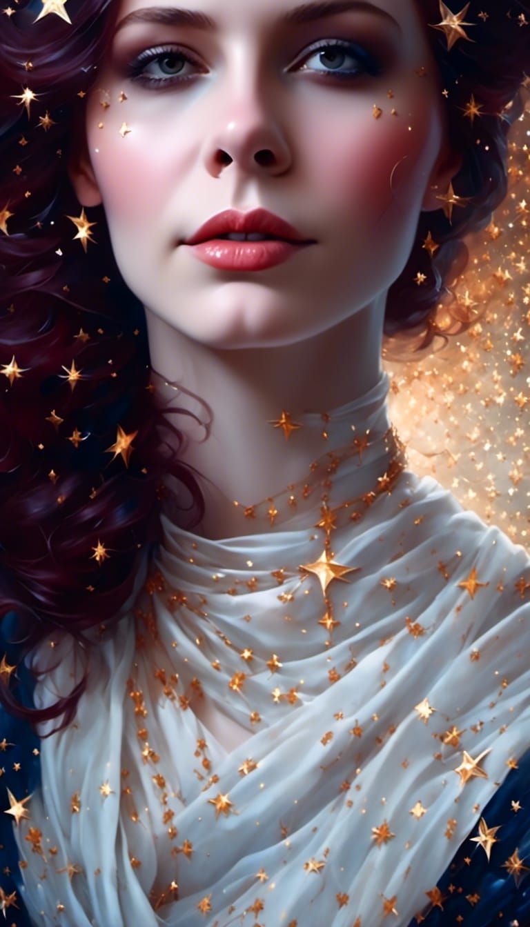 Woman in Starry Headscarf: Hyperrealistic Fantasy Portrait