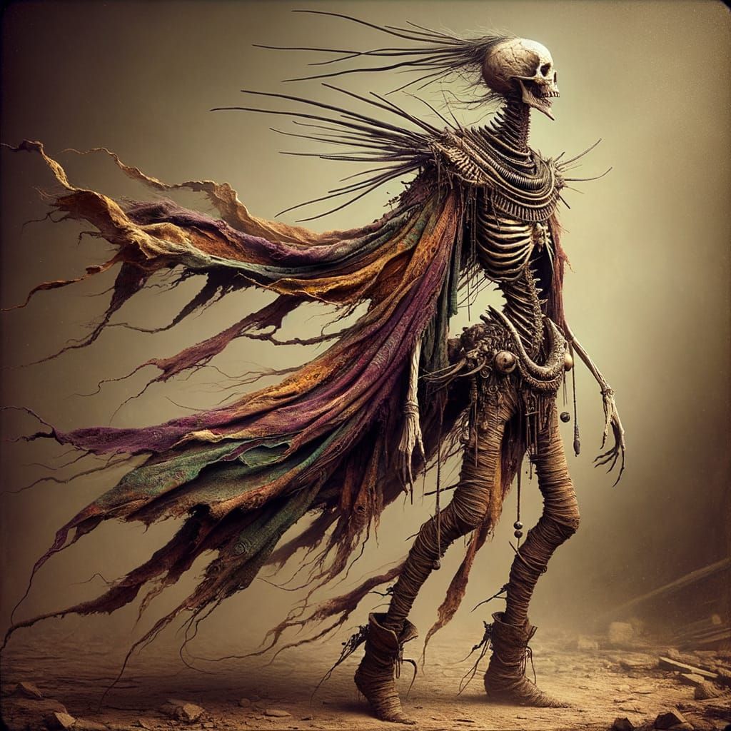 Gaunt Figure of Despair in Blighted Landscape