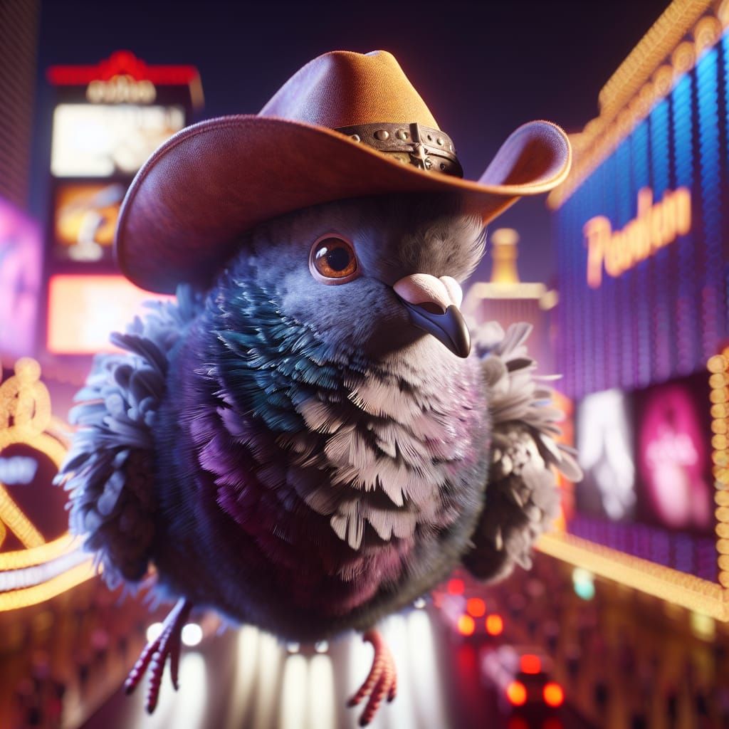 Pigeon in Cowboy Hat Flies Over Las Vegas