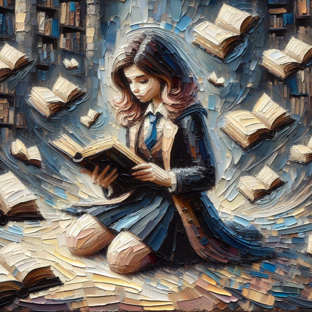 Wizard Studying in Library as Impasto Oil Painting