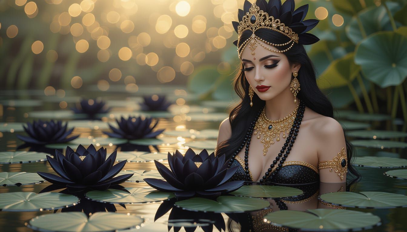 Ethereal Goddess of Black Lotus Flowers in Glistening Pond