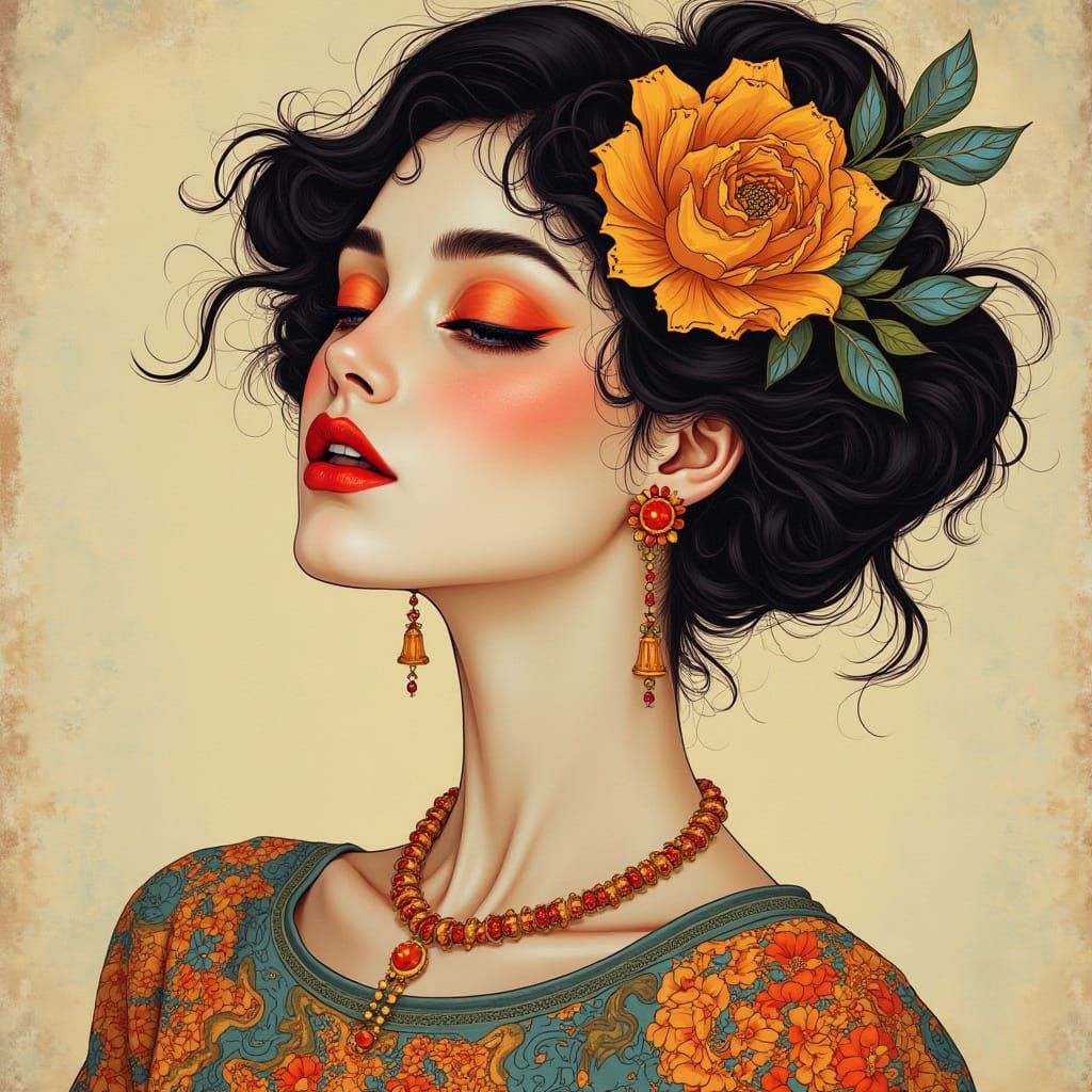 Woman in Whimsical Art Nouveau Style with Vibrant Colors