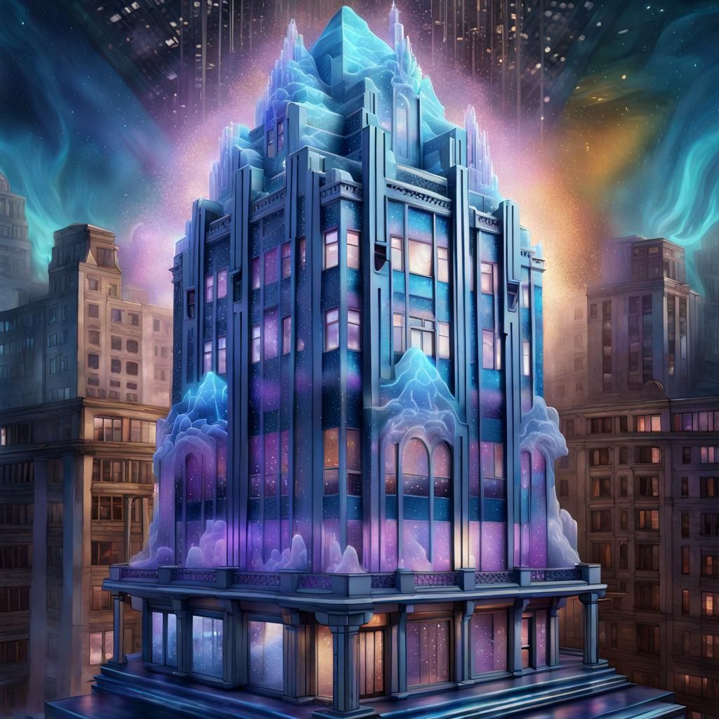Iridescent Art Deco Building in Magical Landscape