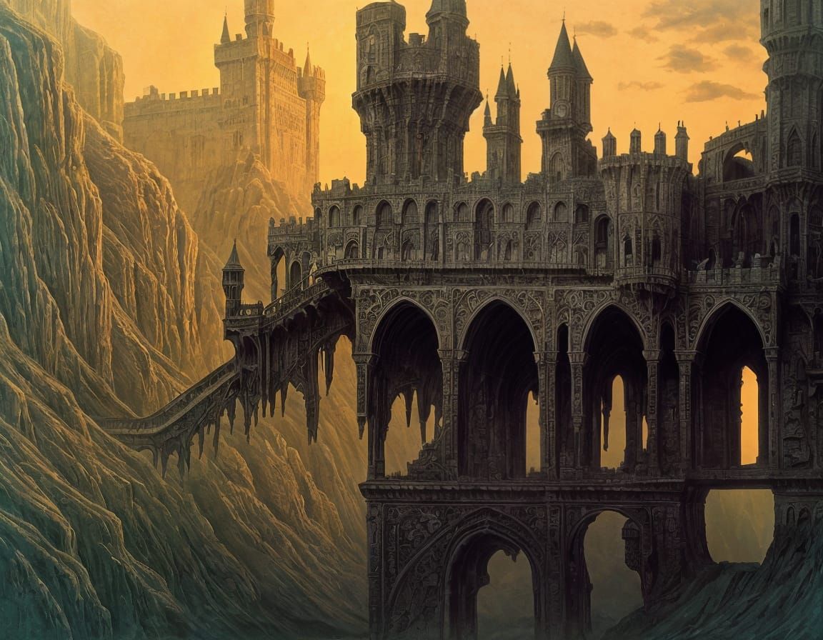 Surreal Castle with Drawbridges in Dark Dreamscape Style