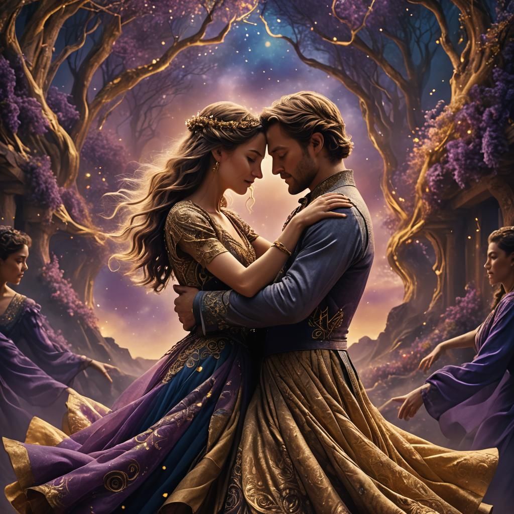 Dreamy Romantic Couple in Vibrant, Enchanted Landscape