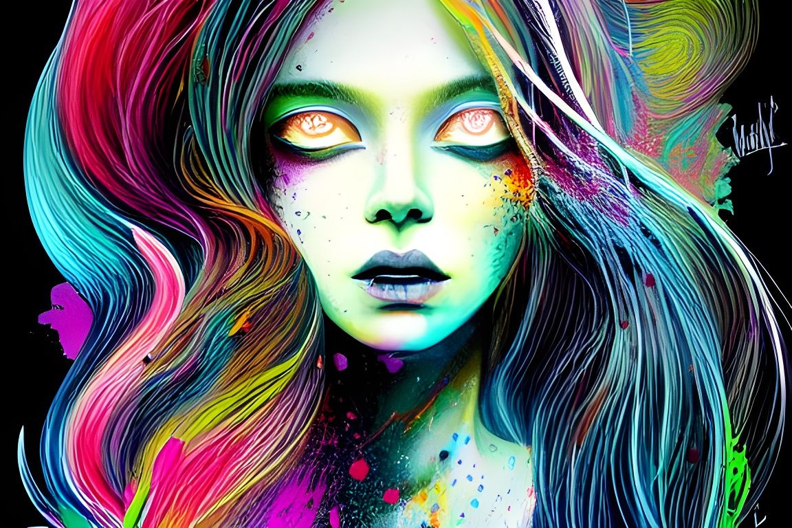 Neon Portrait with Ink Illustration Details