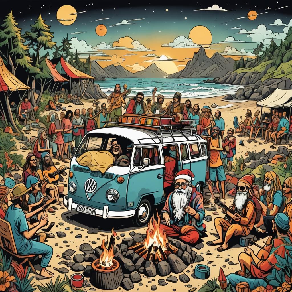 Santa and Hippies at Beach Campfire: Psychedelic Illustratio...