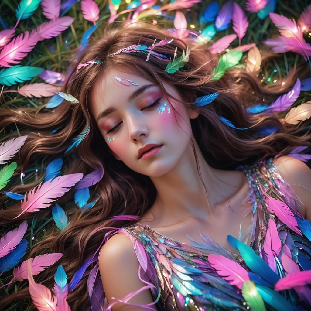 Serene Woman in Neon Field, Kawaii-Style