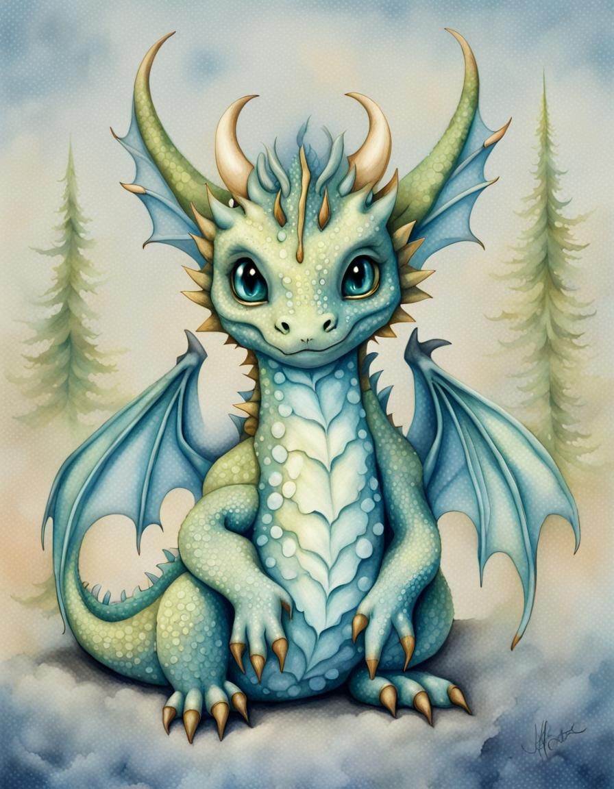 Whimsical Baby Blue Ice Lily Dragon Watercolor