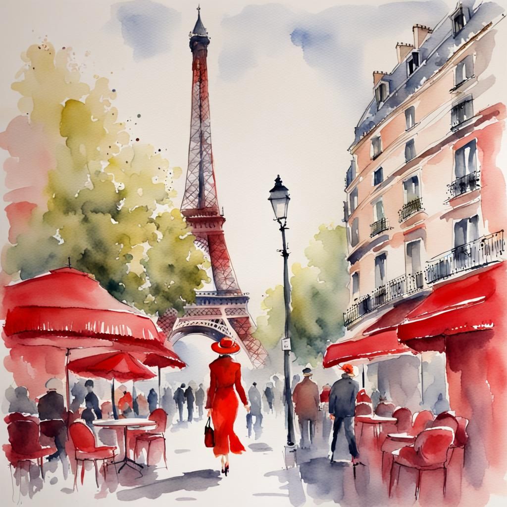 Lady in Red in Paris: Watercolor Painting