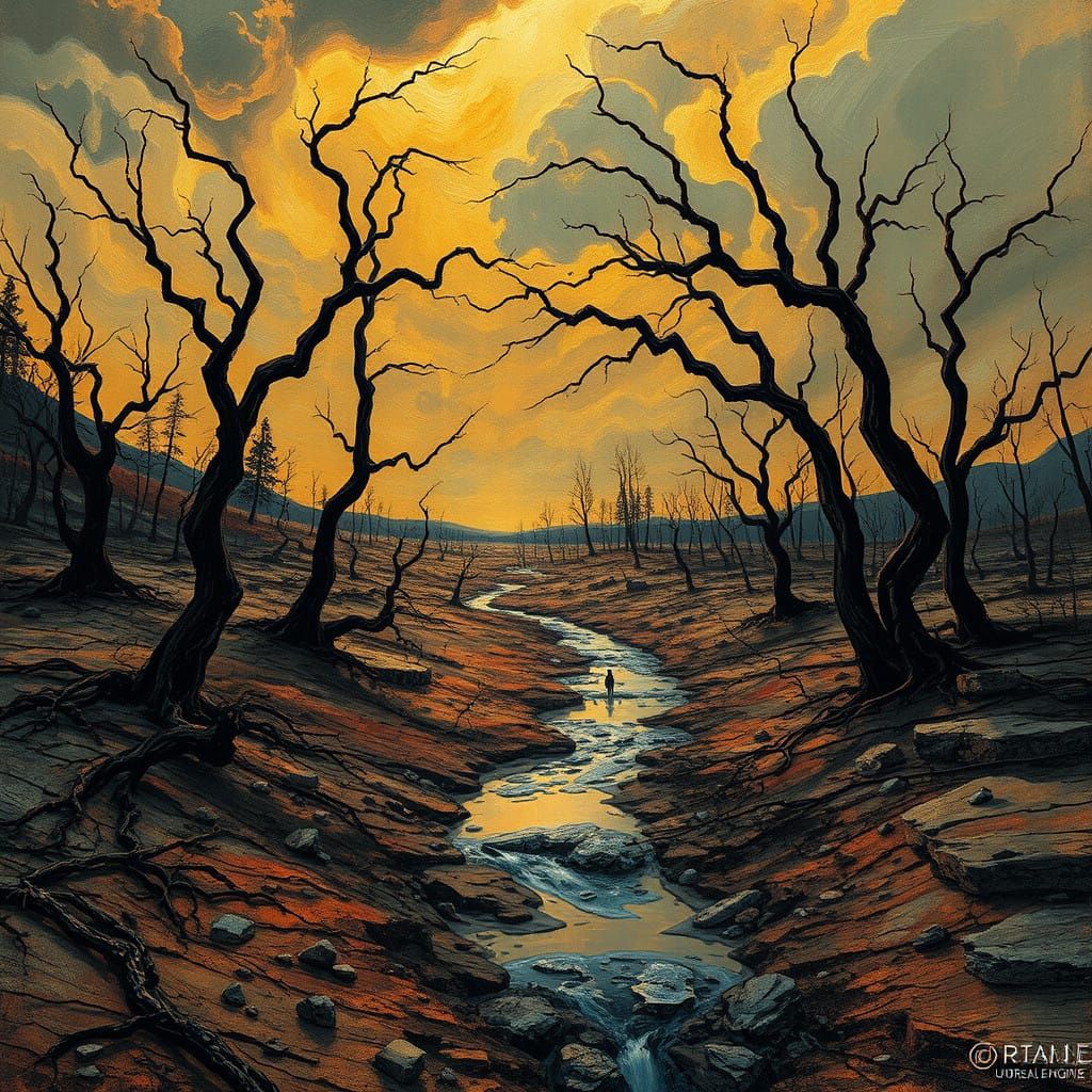 Dystopian Desert Landscape in Expressionist Style