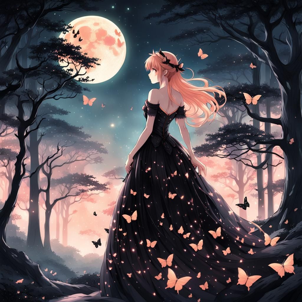 Anime Girl in Moonlit Forest with Butterflies