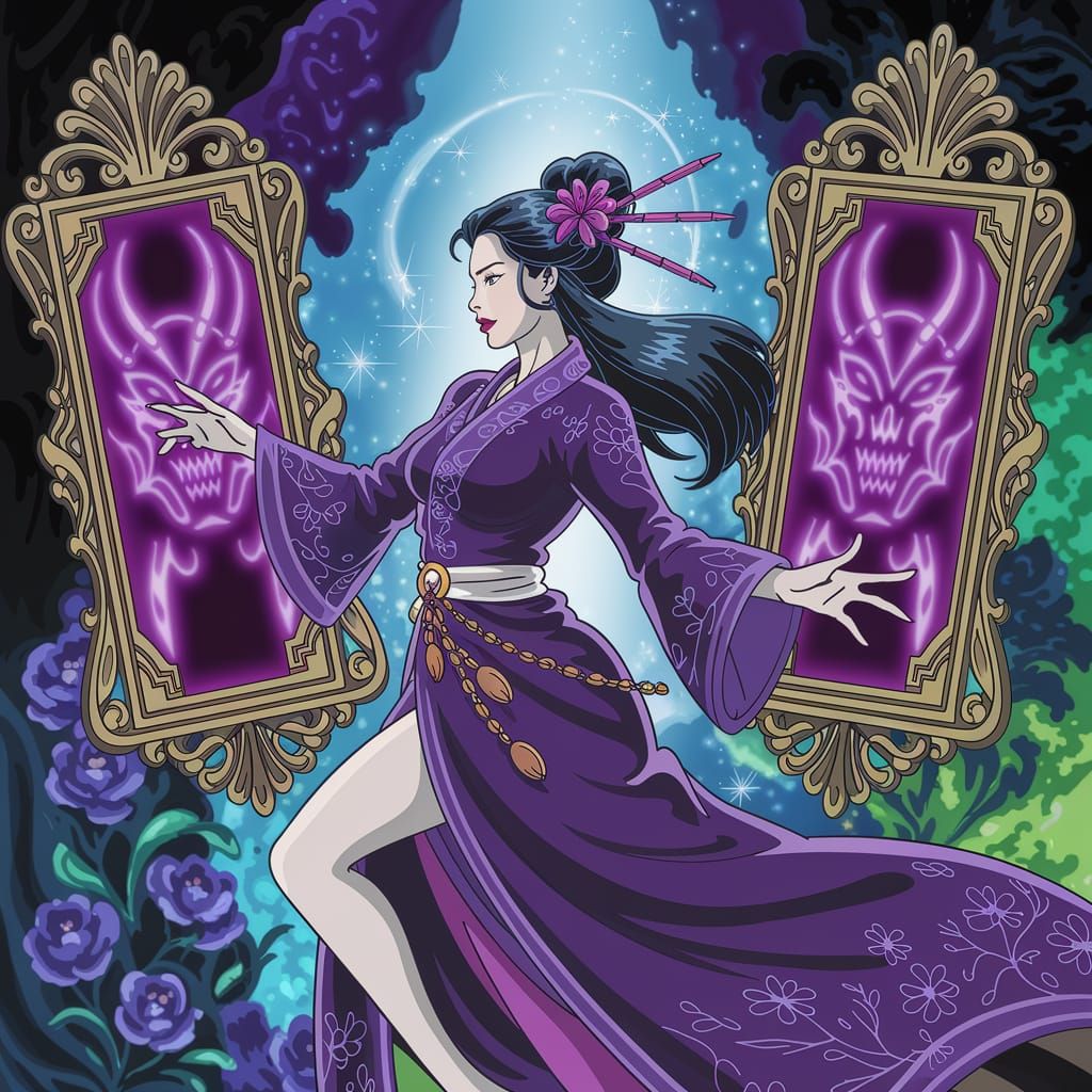 Sorceress Battles Demonic Reflections in a Magical Mirror