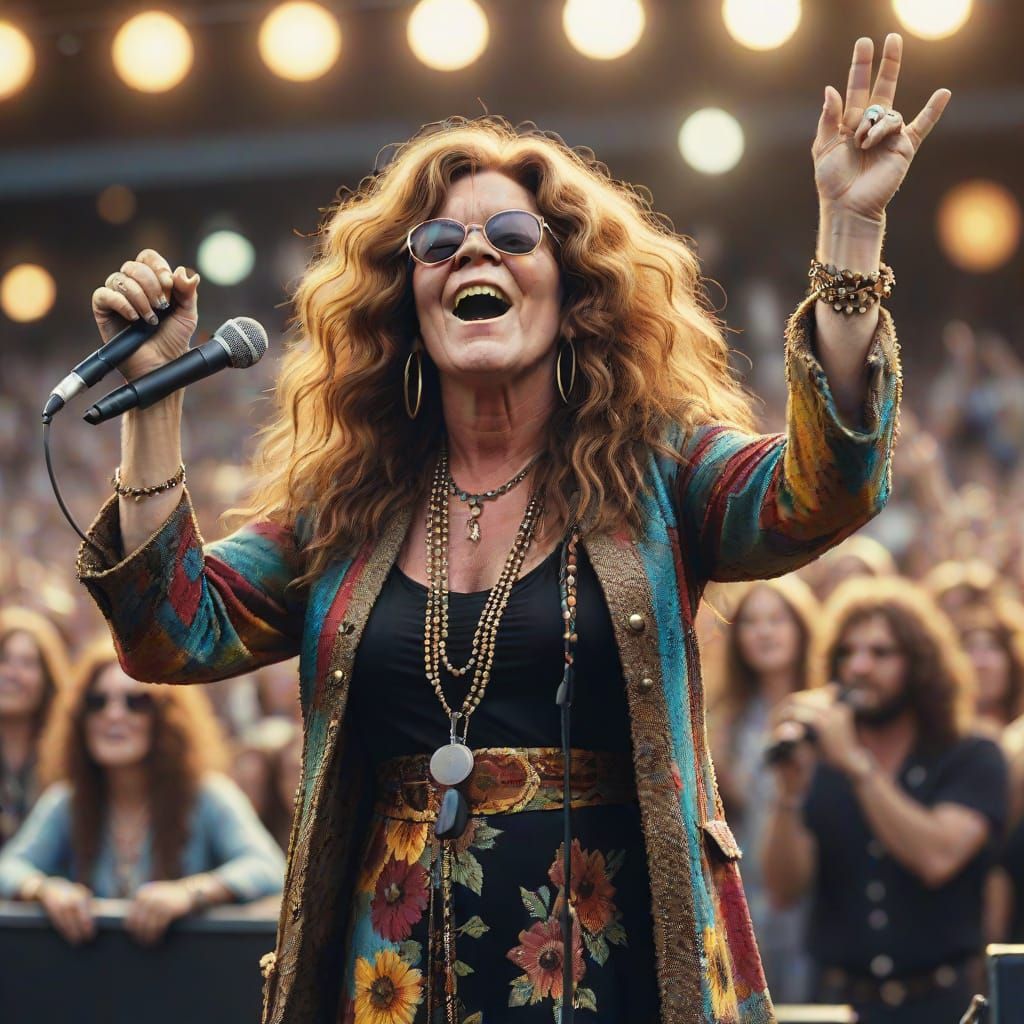 Janis Joplin in Iconic 1965 Style, Singing to the Crowd