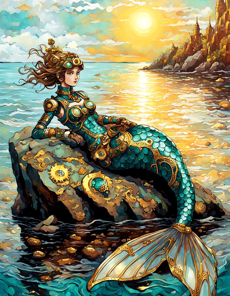 Steampunk Cyborg Mermaid in Neo-Impressionistic Style