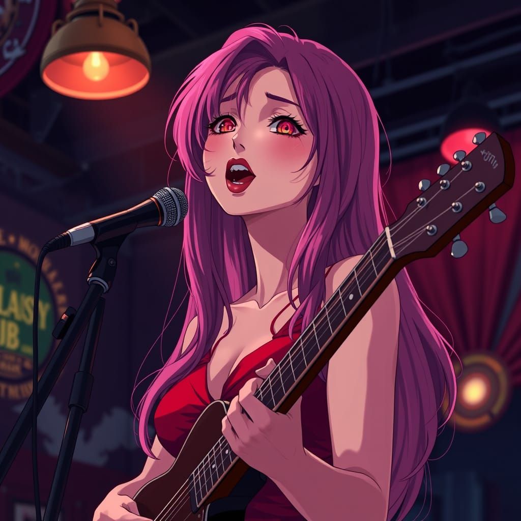 Pink-Haired Singer in Blues Club, Anime Style
