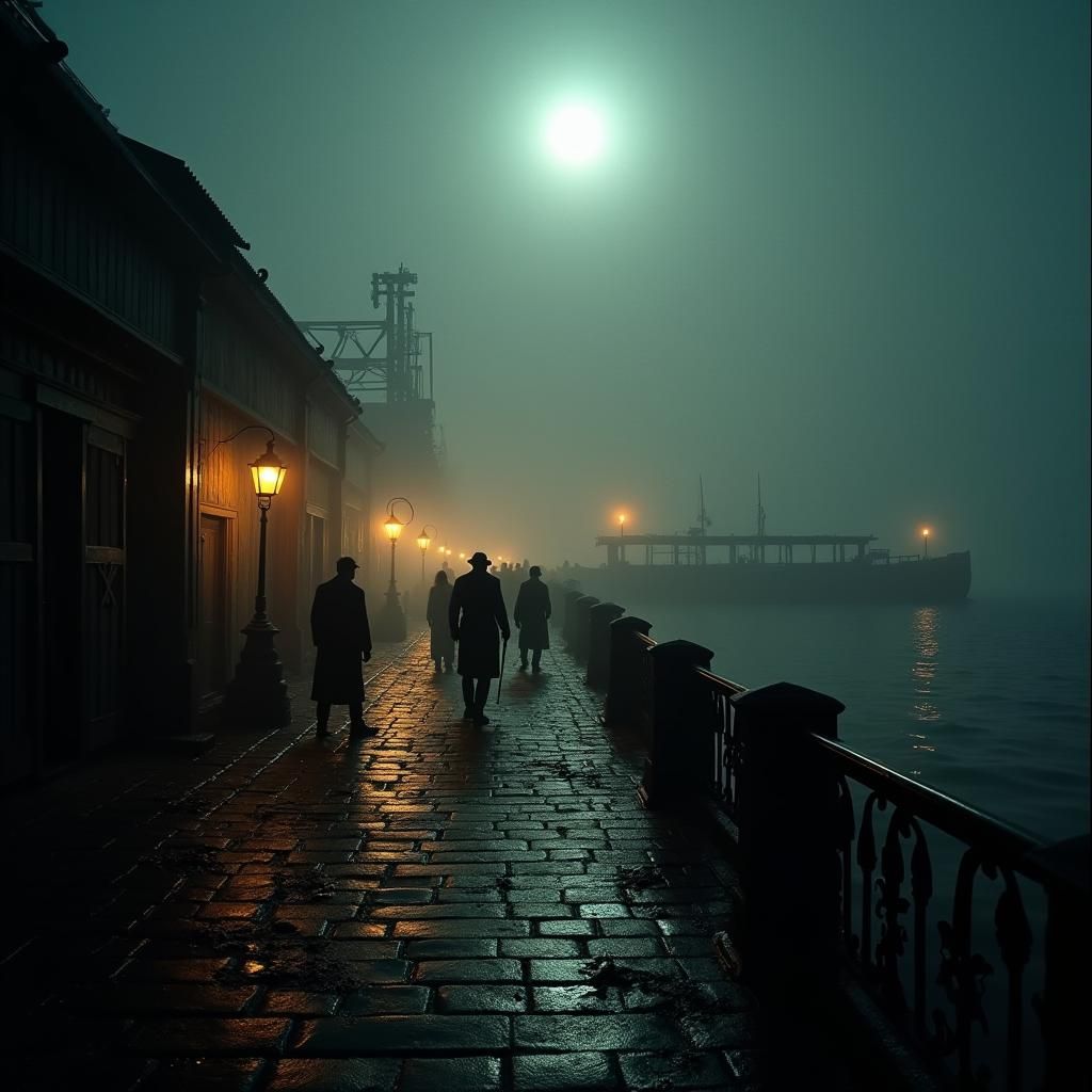 Foggy 1880s Dock at Night in Film Noir Style