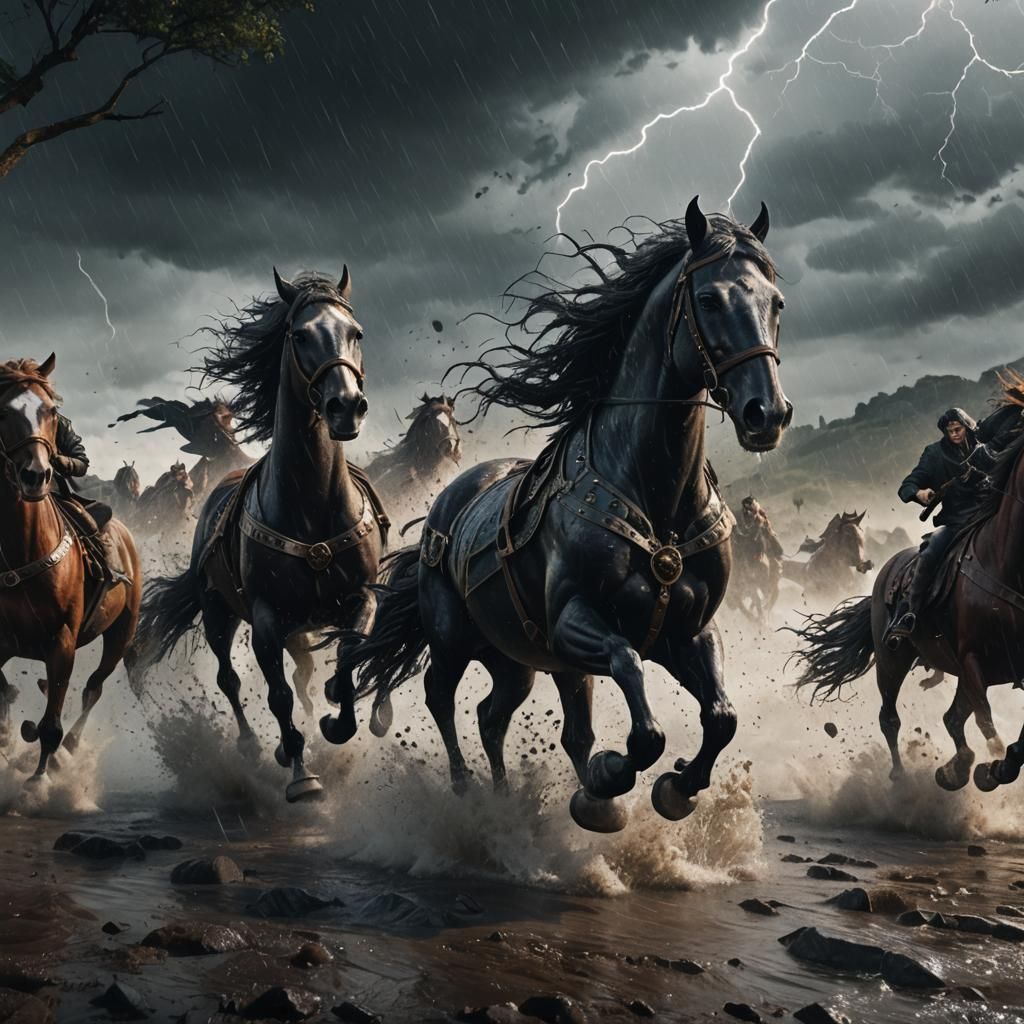 Gothic Horses Run in Stormy Fantasy Landscape