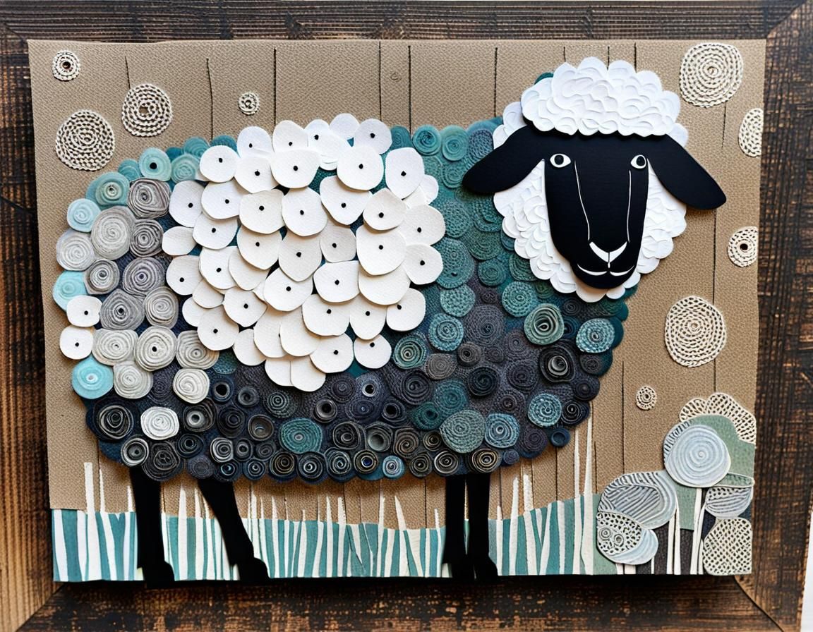 Colorful Sheep Collage in Folk Art Style