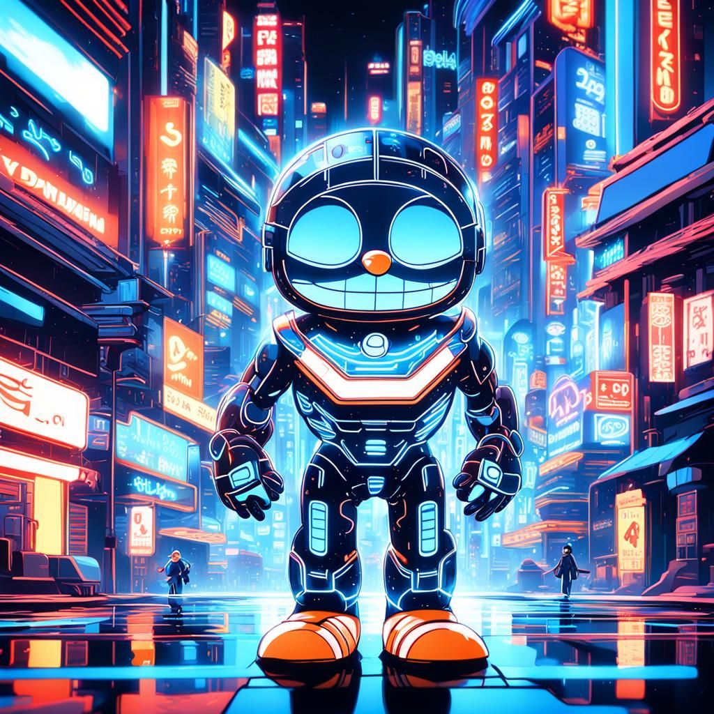Doraemon in Neon Cityscape: Futuristic Digital Art