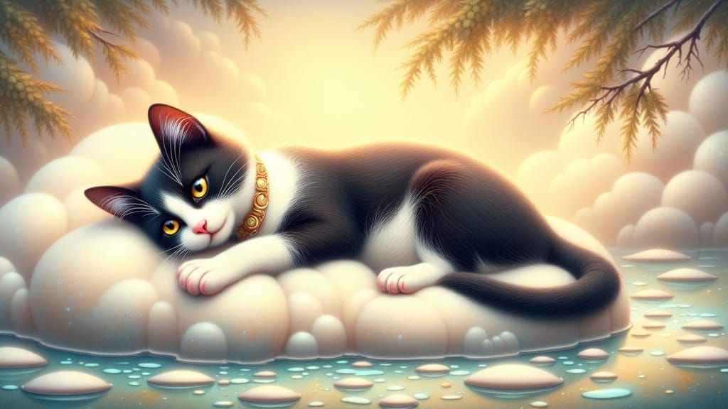 Whimsical Tuxedo Cat in a Dreamy Milk Landscape