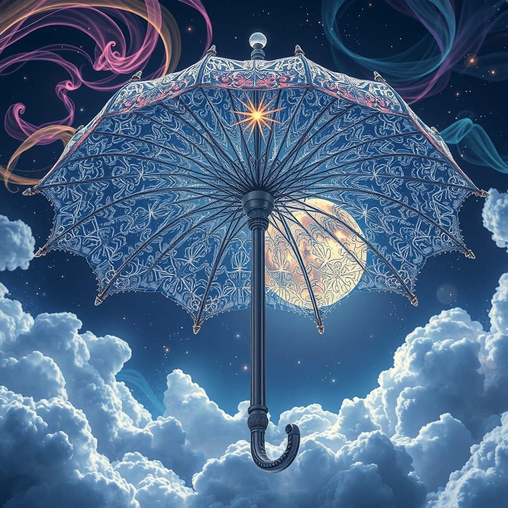 Ethereal Crystal Umbrella Shines Under Overexposed Full Moon