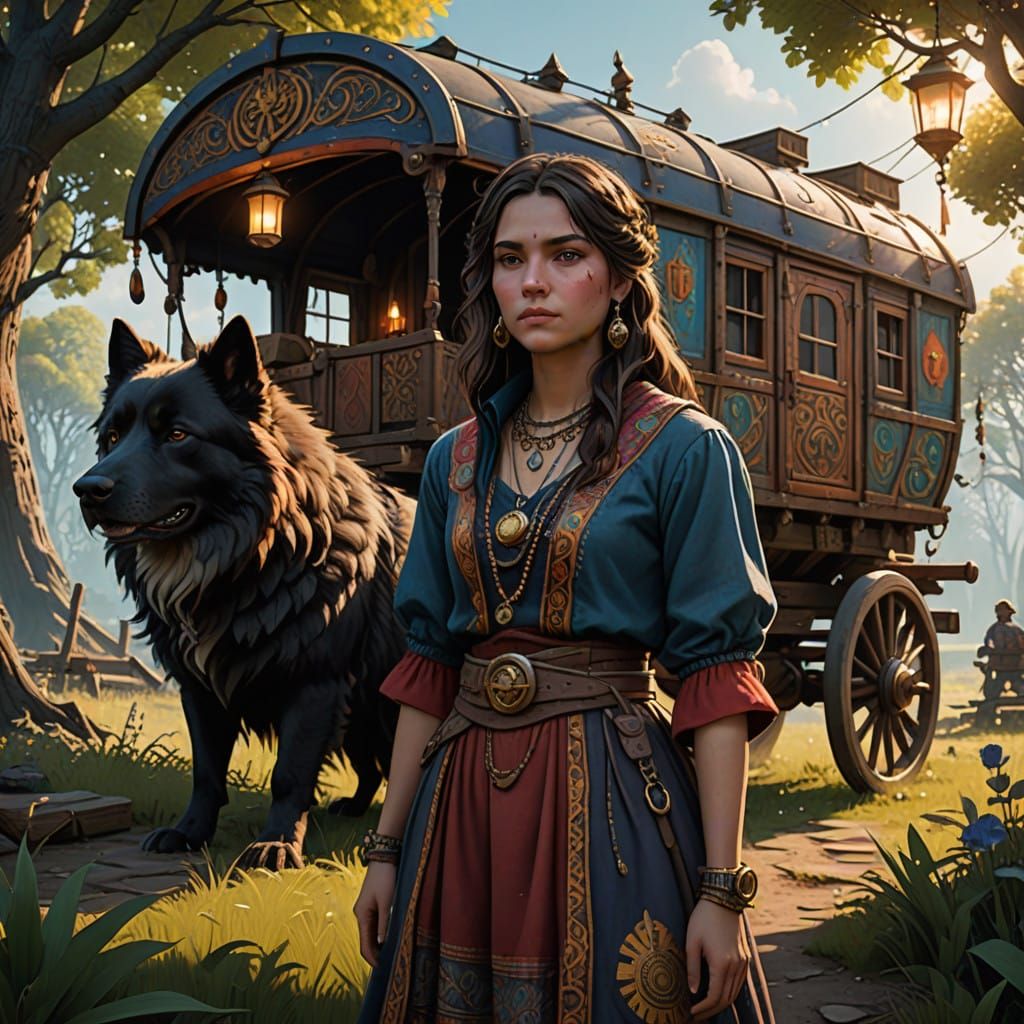 Gypsy Enchantress with Mystical Wagon at Dusk