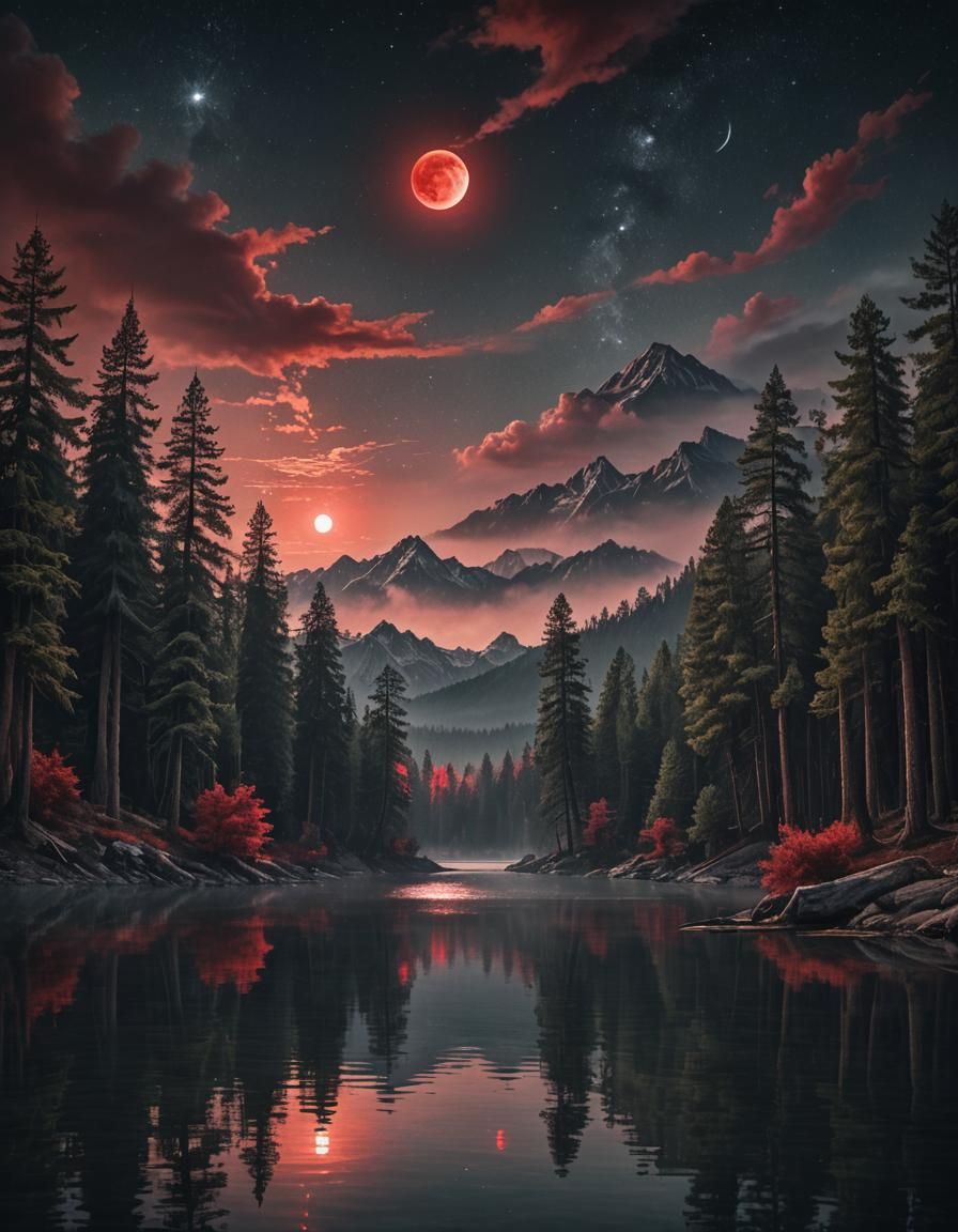 Blood Moon Over Mountain Lake: Fantasy Concept Art