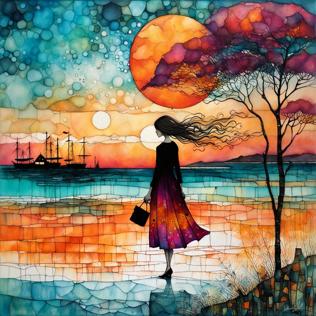 Whimsical Sunset Over Teal Sea Illustration