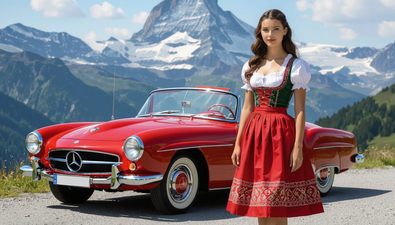 German Dirndl Girl With Vintage Mercedes in Alps