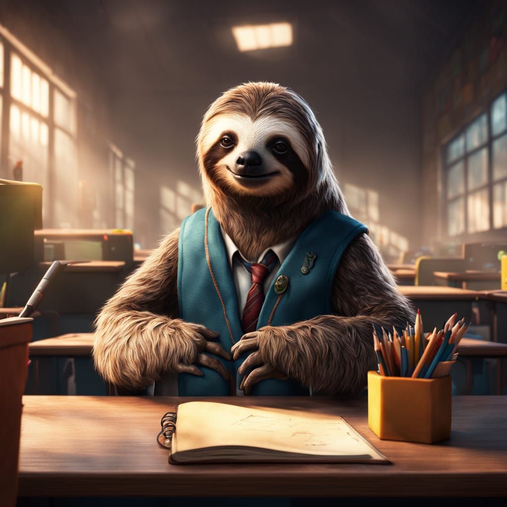 Sloth at Desk in Epic Fantasy School Classroom