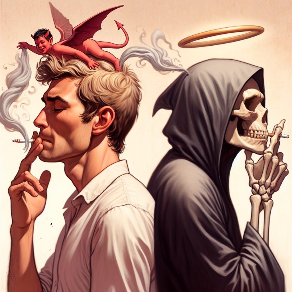 Man Smoking With Halo and Devilish Figures