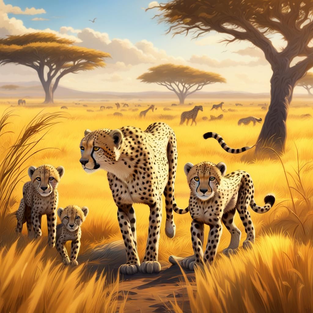 Cheetah Family on the Savannah: Detailed Matte Painting