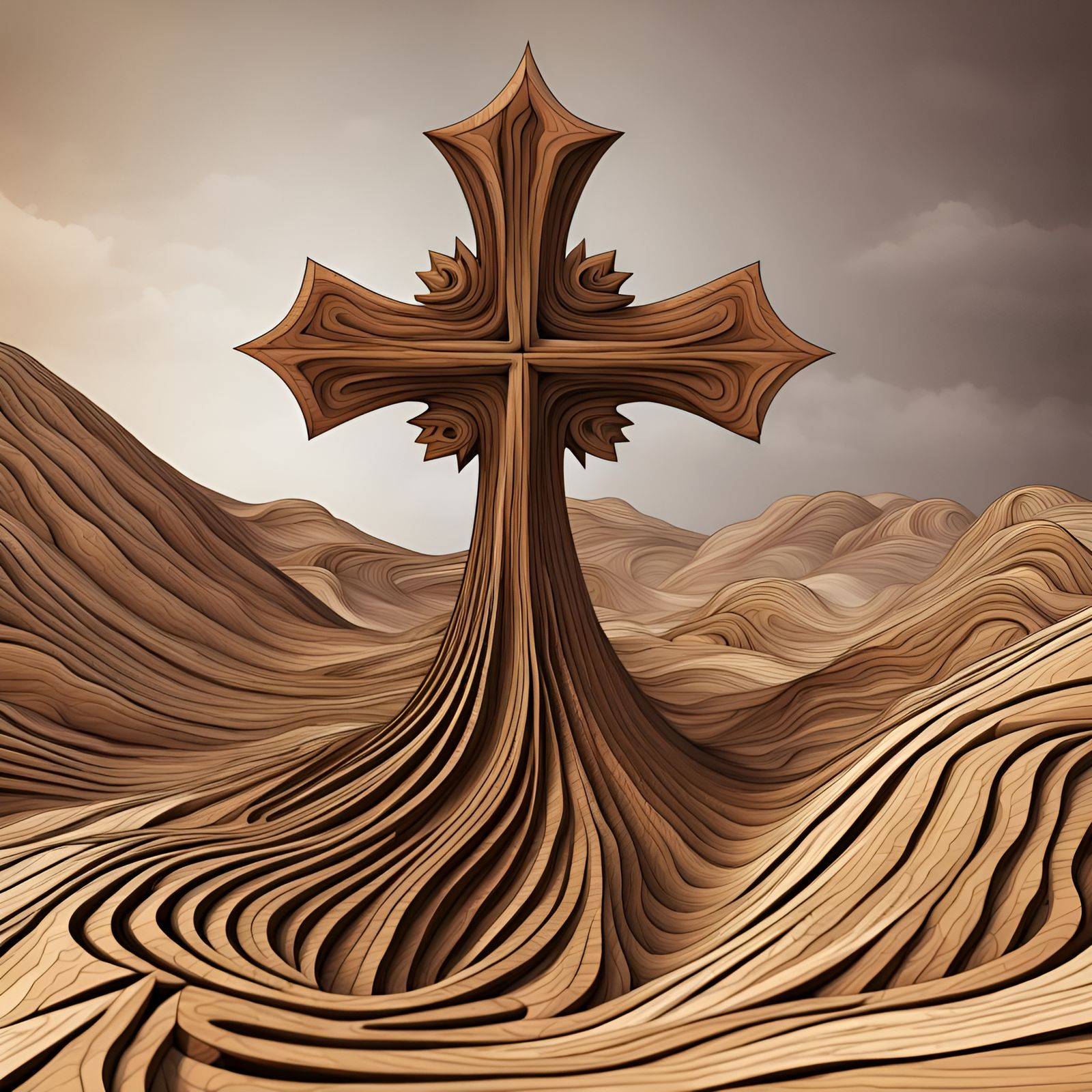 Rustic Wooden Cross on Desolate Hill in 3D