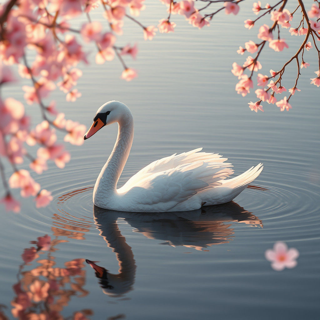 Graceful Swan Amidst Cherry Blossoms: 3D Anime Art