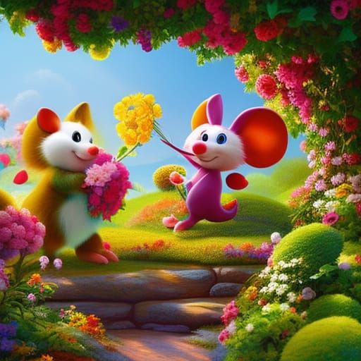 Playful Mouse in Garden: Whimsical Cartoon Illustration