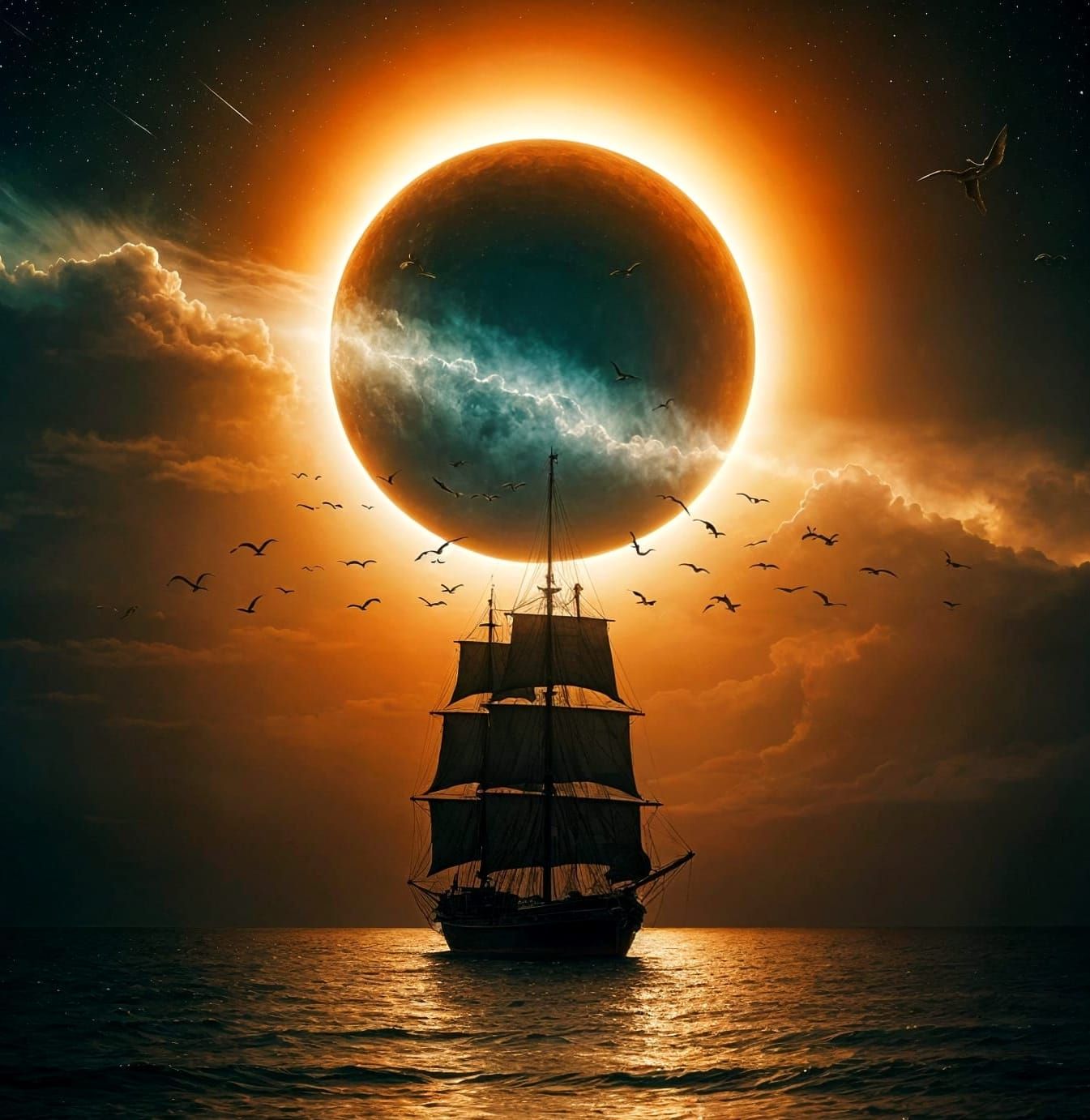 Sailing Ship Silhouetted During Solar Eclipse as Oil Paintin...