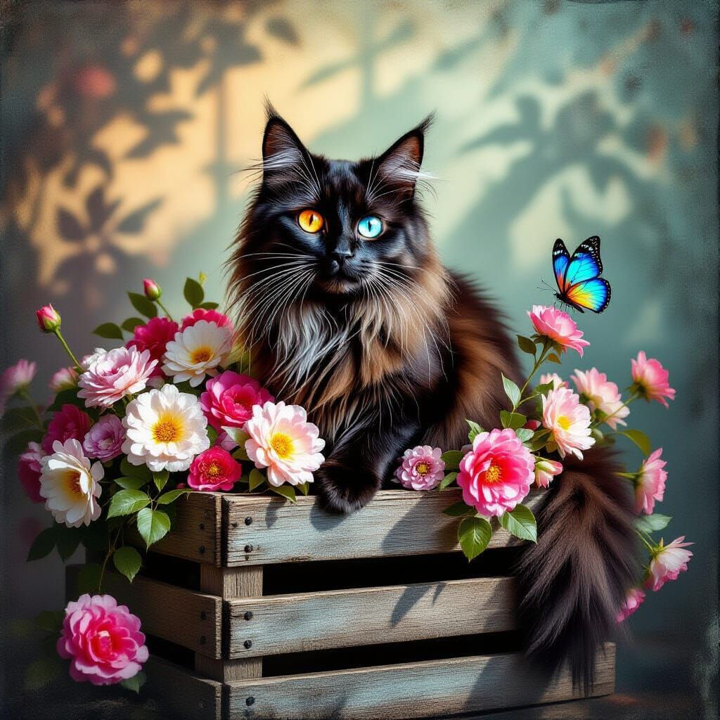 Ethereal Galaxy Cat on Crate of Flowers