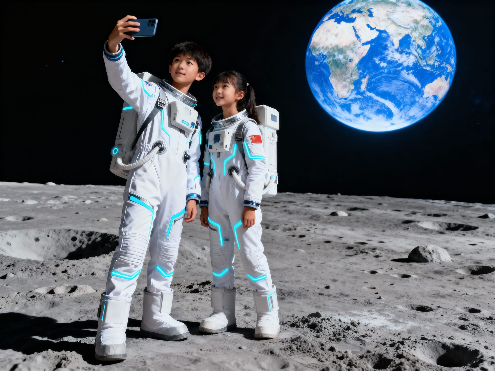 Boy and Girl Moon Selfie in Futuristic Spacesuits